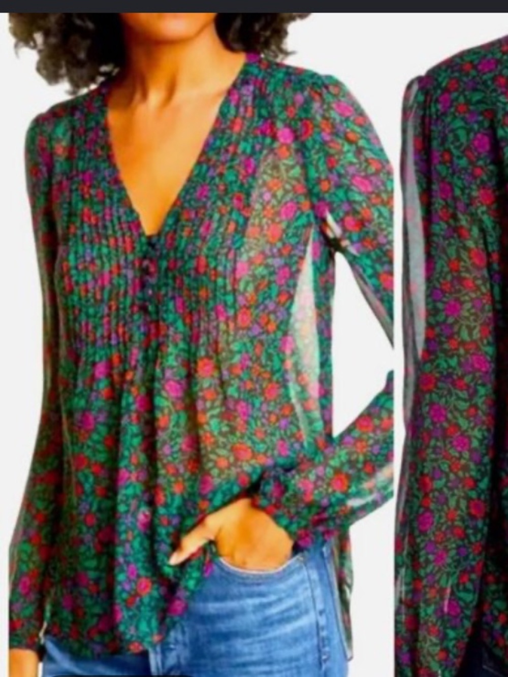 Veronica Beard Lowell Silk Long Sleeve V Neck Floral blouse